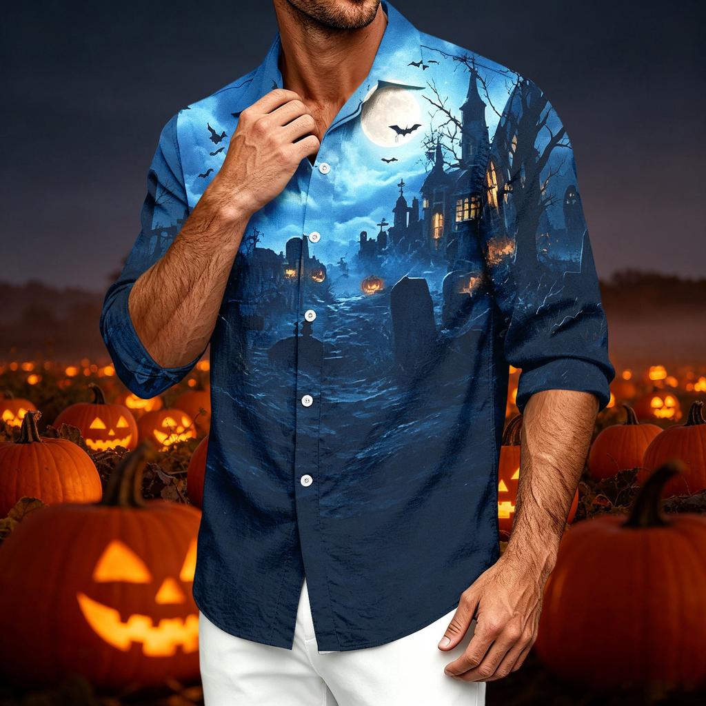 Men's Casual Long Sleeve Shirt with Halloween Print for Spring and Fall