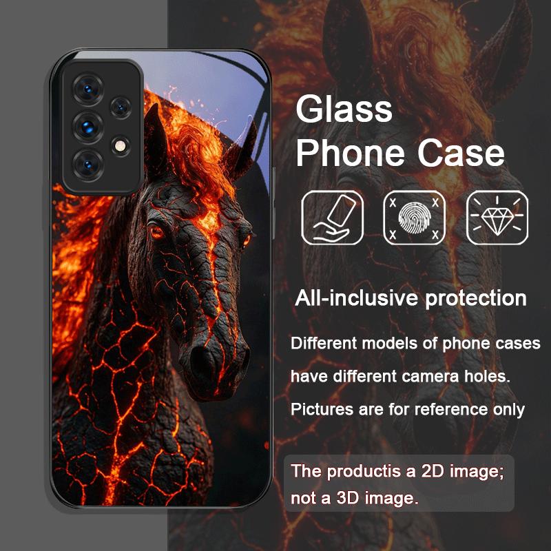 Creative Flame Black Horse Pattern Tempered Glass Phone Case for Samsung Galaxy A56 A72 A55 A54 A53 A52 A36 A51 A15 A14 5G Cover