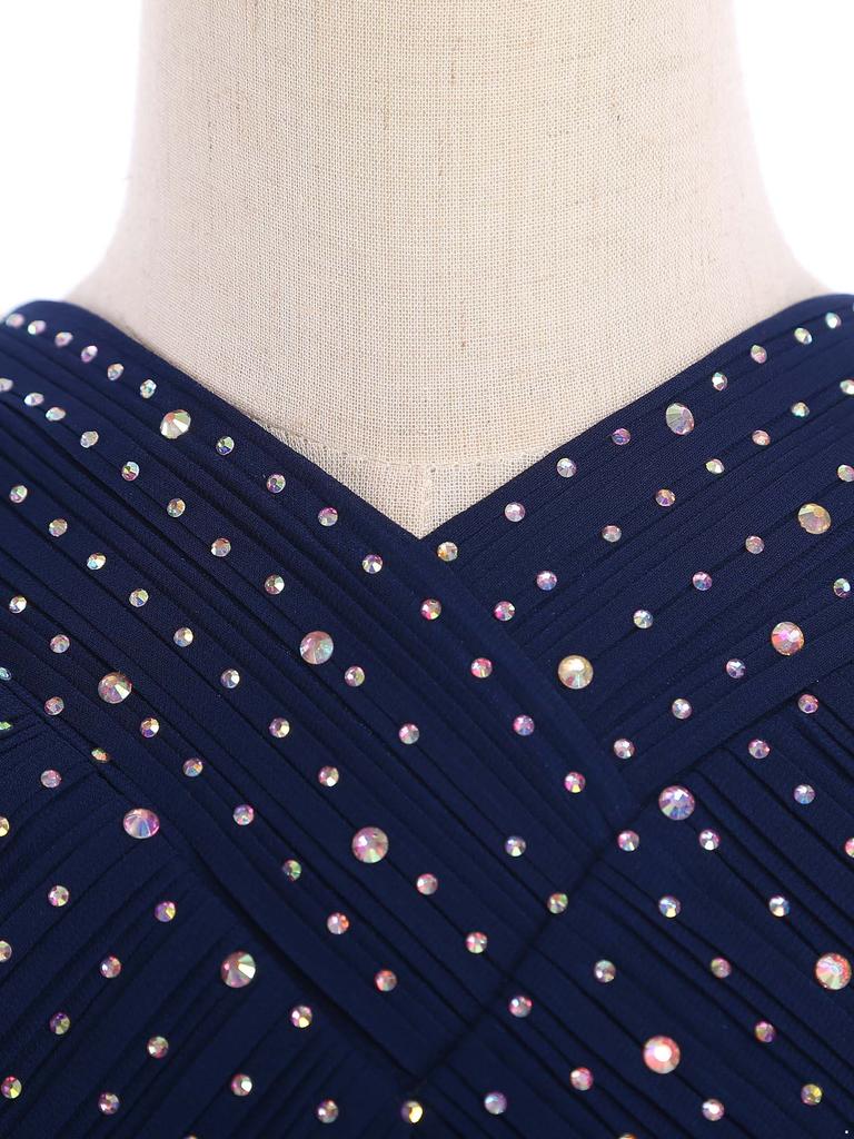 Flickklänning Enfärgad Foder V-ringning Ärmlös Veckad Klänning Glittrande Strassprydd Hög Midja A-linje Studentklänning