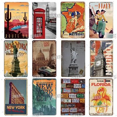 INEED Dekoration Vintage Stadtlandschaft Metallblechschild New York London Italien Retro Poster Reise Szenerie Wandkunst Aufkleber Perf