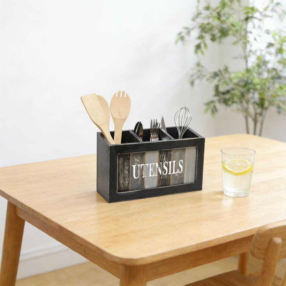 3 Grids Tableware Storage Box Vintage with Divider Solid Wood Storage Box Large Capacity Chopstick Fork Spoon Organizer