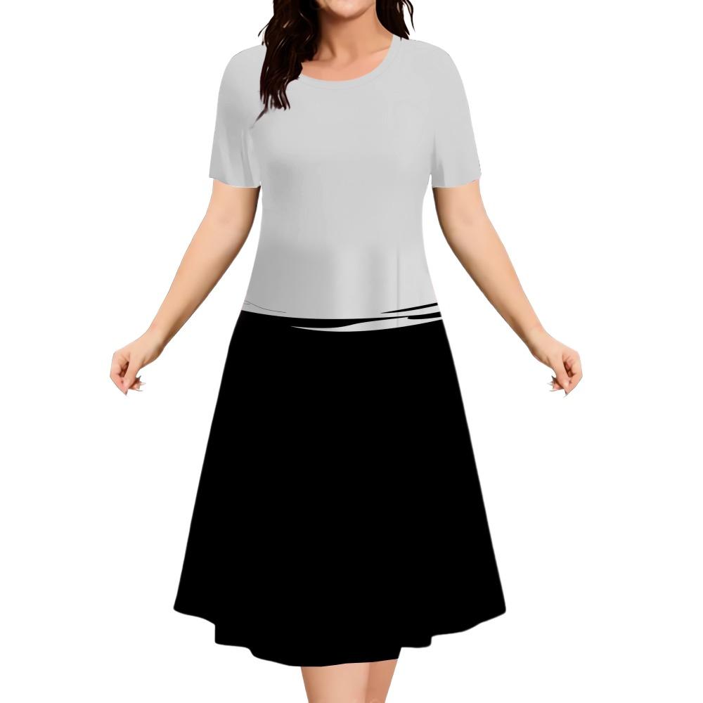 Summer Women Dress Fashion Plus Size Short Sleeve Dress Black White Contrast Color Loose A-Line DressClothing