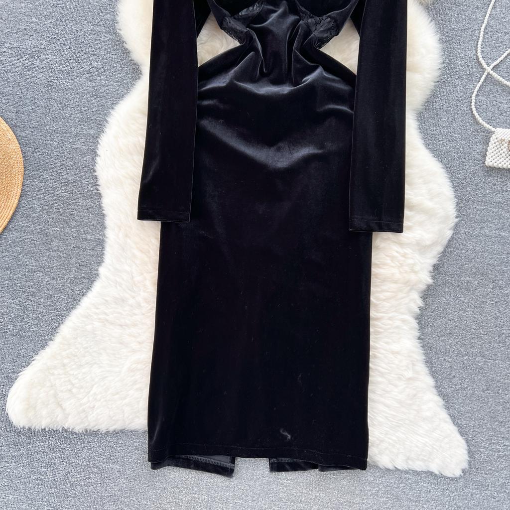 Rochie de petrecere de Crăciun cu dantelă din catifea, în stil Hepburn, cu margele, rochii de seară cu guler pătrat, negru, subțire