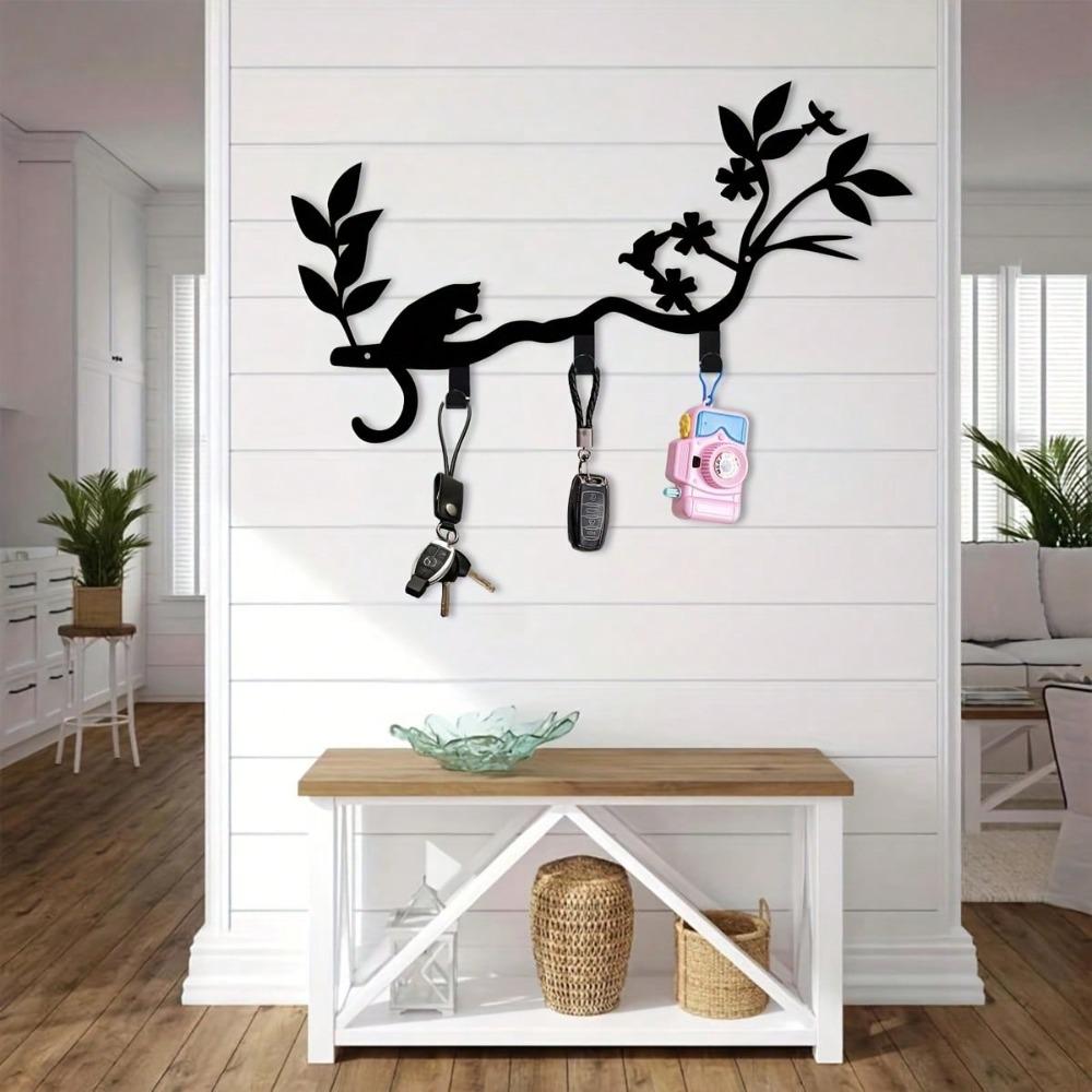 Bohemian Style Cat Key Holder Wall Hooks Bird Perch Key Organizer Metal Art Home Decor