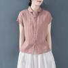 Summer Cotton Linen Shirt Women's Casual Short Sleeve T-shirt 95 Cotton Fashion Top Fly Sleeve Polo Collar Regular Sleeve
