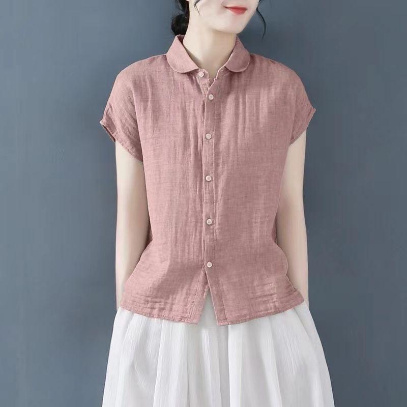 Summer Cotton Linen Shirt Women's Casual Short Sleeve T-shirt 95 Cotton Fashion Top Fly Sleeve Polo Collar Regular Sleeve