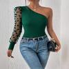 Women's New Off-shoulder Single-sleeved Polka Dot Mesh Long Sleeve Waist-hugging Slimming Women's Top T