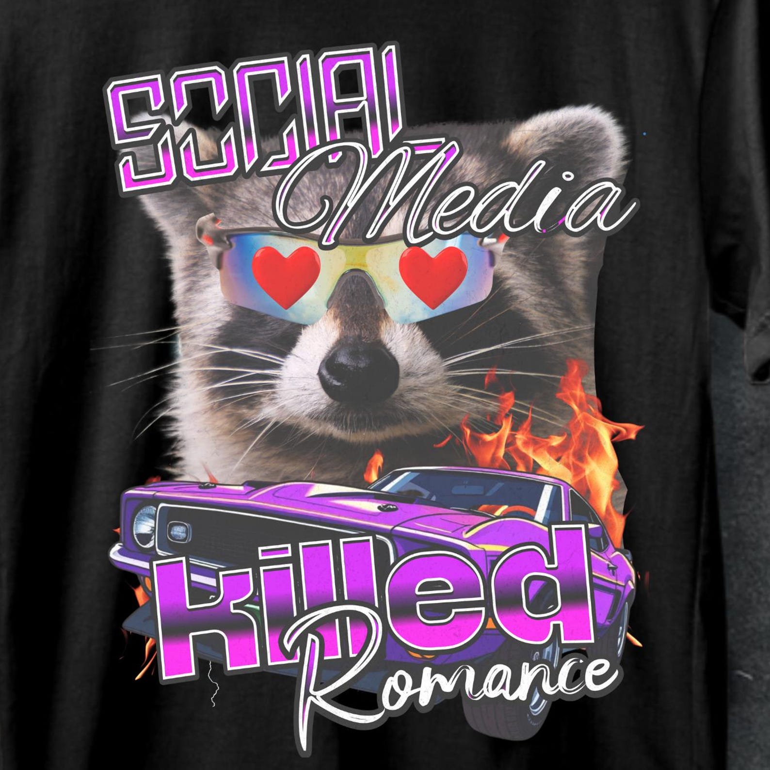 Social Media Killed Romance T-Shirt: Funny Raccoon Meme Tee S