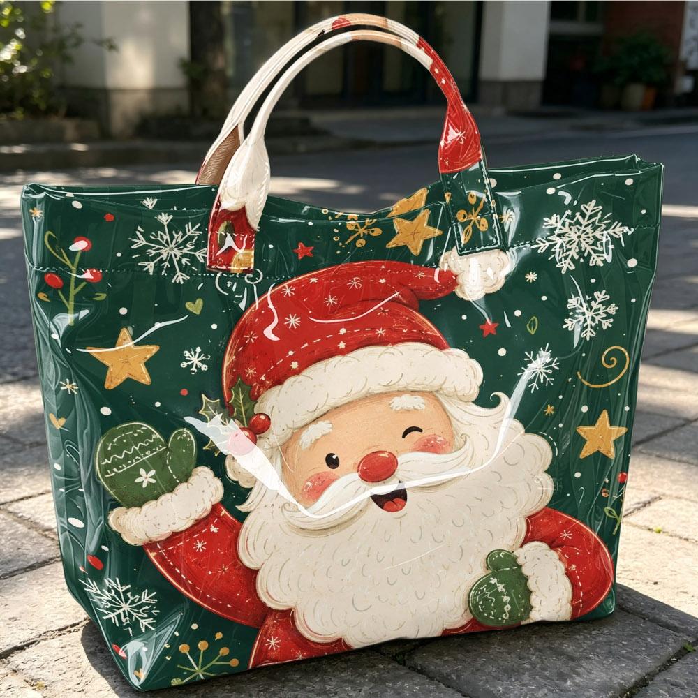 Christmas Santa Claus Print Tote Bag, Green Snowflake Star Pattern Handbag Shopping Shoulder Bag