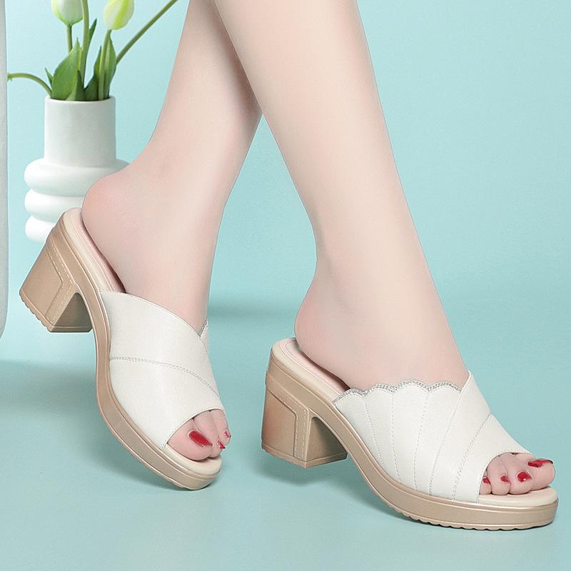 8cm Elegant Comfortable Thick Bottom Soft Leather Slippers Platform Shoes 2025 Summer Women's Block High Heels Slides Office Mom