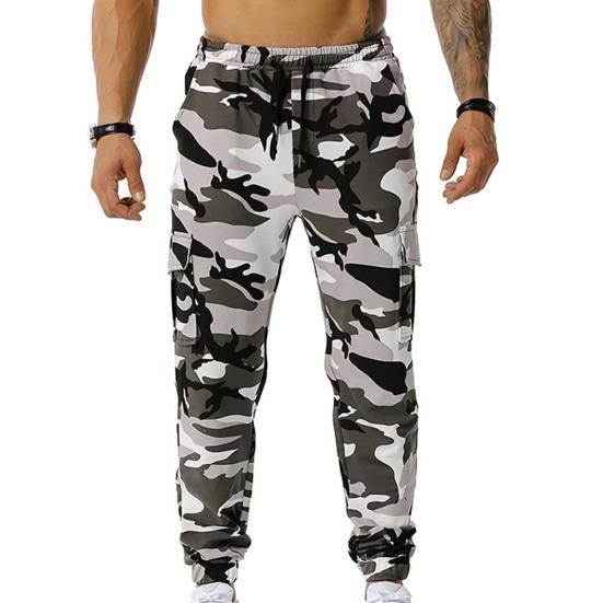 Men Sweatpants Camouflage Drawstring Elastic Waist Multi Pockets Streetwear Loose Ankle Tied Cargo Pants for Training Running Fitness