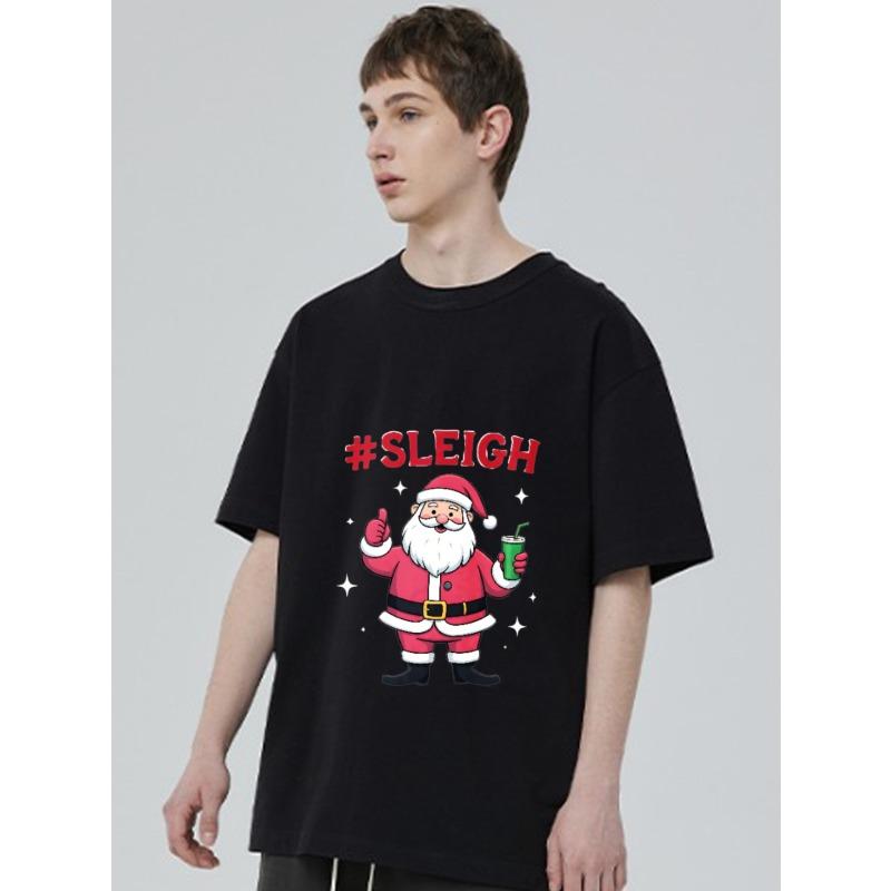Christmas T-Shirt Black Santa Claus with Sleigh Hashtag and Drink Print for Holiday Party