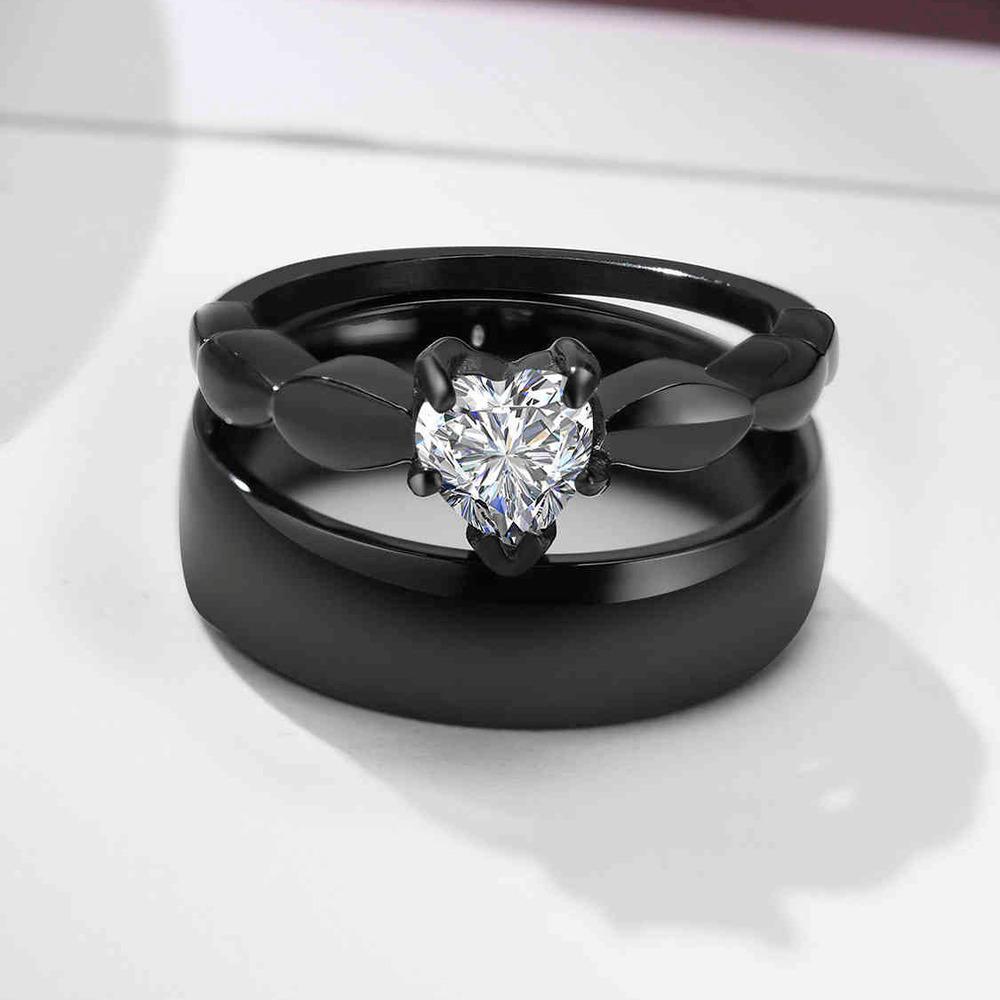 Vnox Romantic Heart CZ Stone Couple Wedding Rings for Women Men, Black Color Stainless Steel Bands Engagement Jewelry, Love Gift