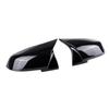 BMW 5 Series F10/F18 Horn Style Rearview Mirror Housing Backup Camera Cover, Glossy Black Carbon Fiber Pattern.