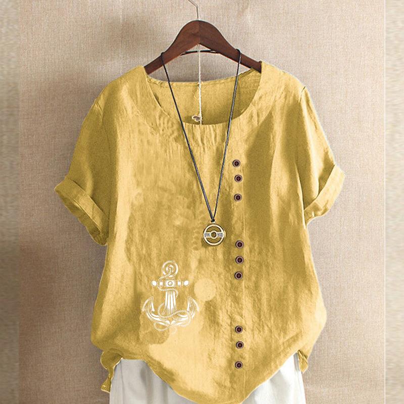 Women's Fashion Round Neck Short Sleeve T-shirt Casual Cotton Linen Graphic Shirt Leisure Loose Ship's Anchor Prined Summer Blouse Tops