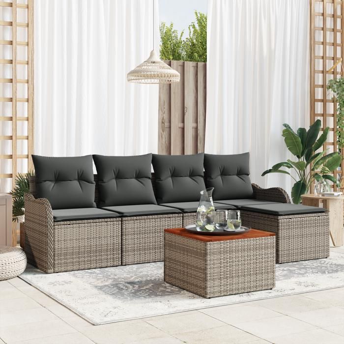VidaXL Ensemble de Canapés de Jardin de 6 pièces avec Coussins Gris Rattan Poly Acacia 3356109