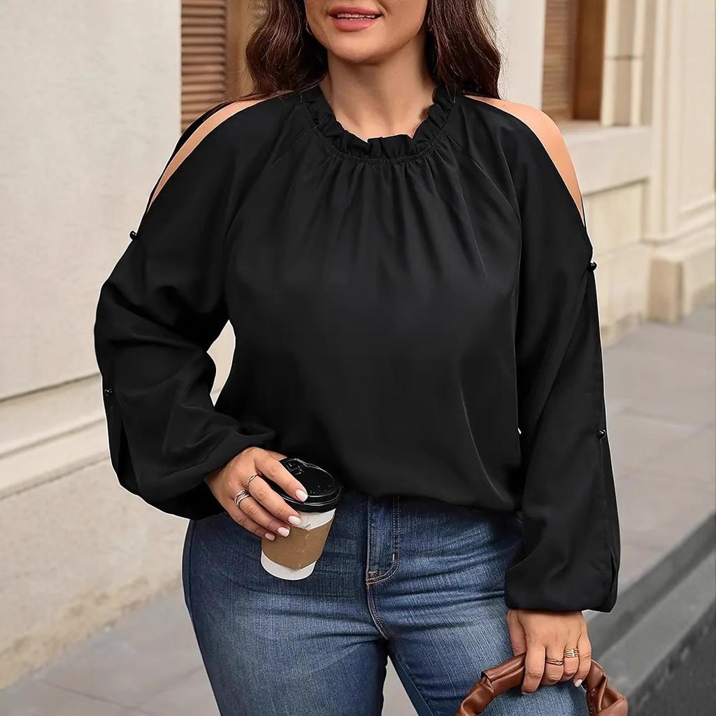 Plus Size Women's Shirt Solid Color Strapless Lantern Sleeve Tops Ruffle Blouse