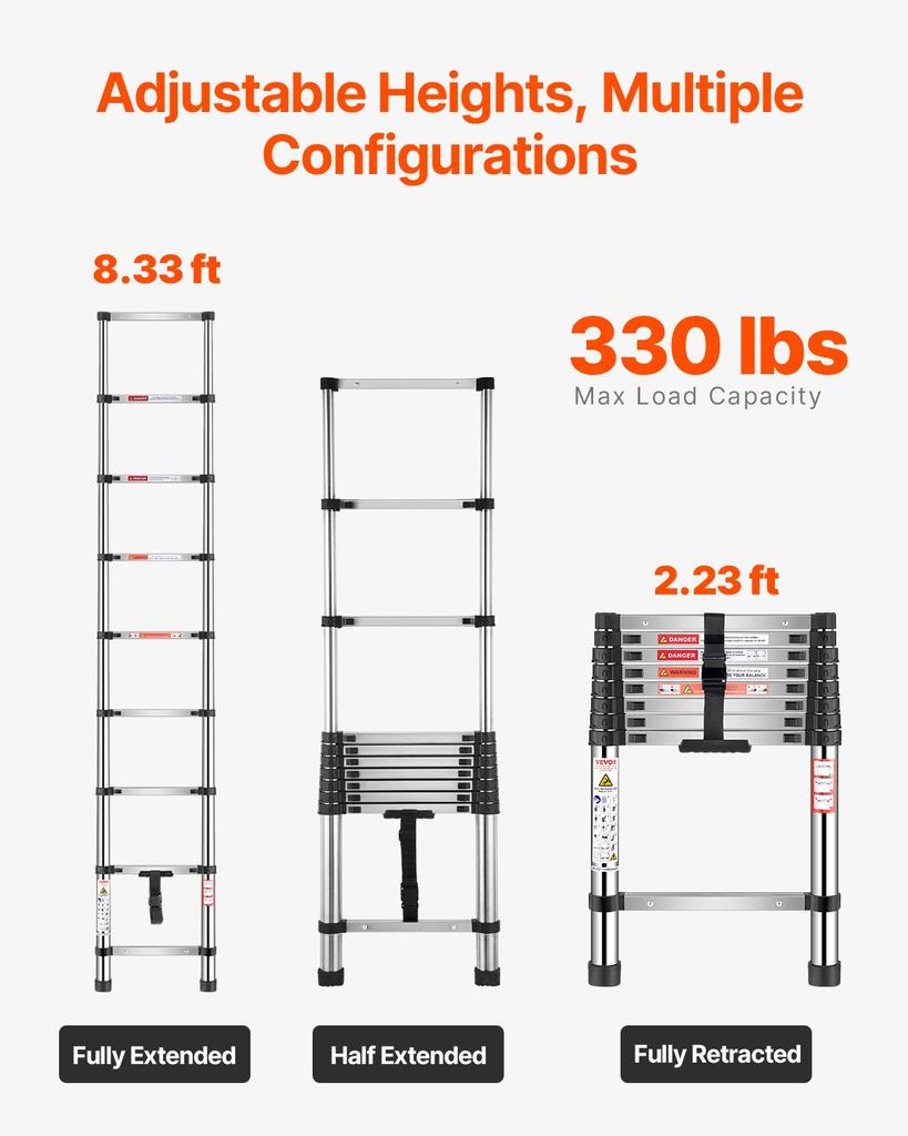 VEVOR Telescoping Ladder, 2540mm Stainless Steel Lightweight Extension Ladder, Multi-Button Retraction Collapsible Ladders