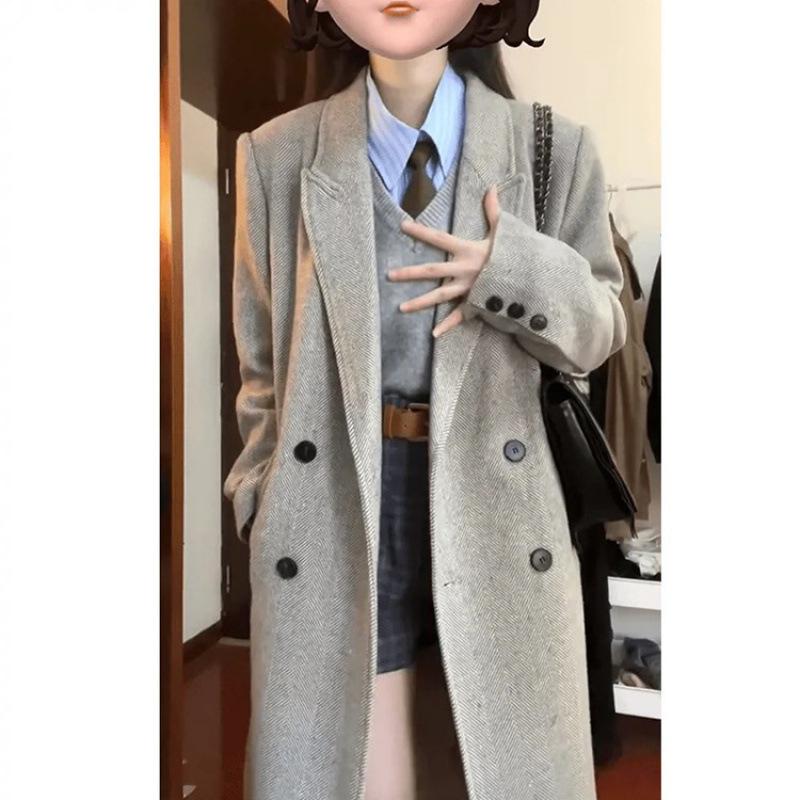 Herringbone Gray Woolen Coat Women's Autumn and Winter New Woolen Coat
