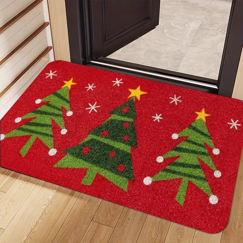 Pink Bauble Pine Star Merry & Bright Letter Print Non Slip Front Door Mat Soft Xmas Holiday Entryway Decor Rug