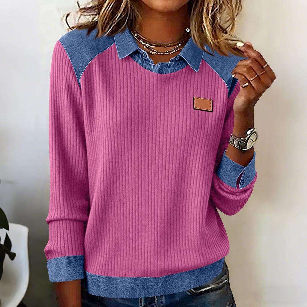 Women's Fashion Oversized Denim Collar Long-Sleeve Pullover Patchwork Knit Top