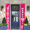 18th Birthday Door Banner 12x72 Inch Pink Gradient Backdrop with White Letters Balloon Cake Star Streamer and Graphics Happy Birthday Sign for Party