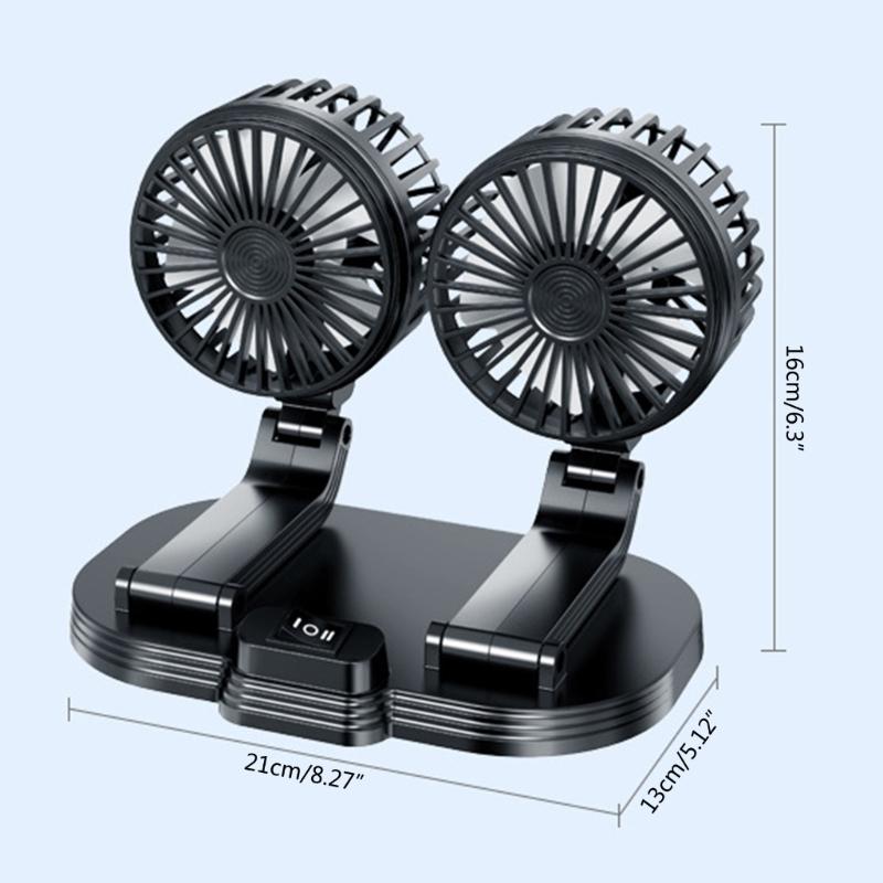 Car Dual Head Fan 360° Rotation 2 Gear Adjustable Cooling Fan for Vehicles Office Dashboard Mount USB Powered Cooler Fan