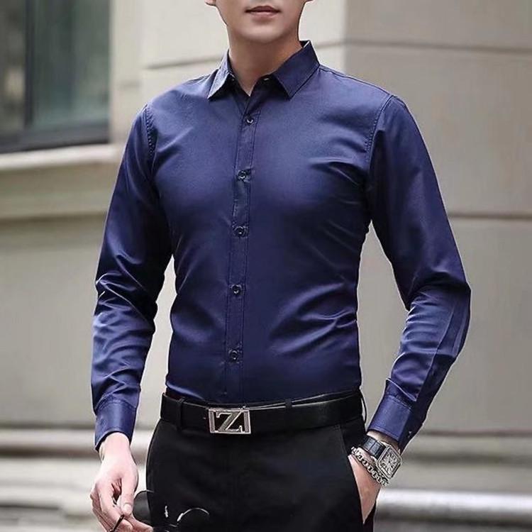 Men's Slim Fit Solid Color Non-Iron Long-Sleeve Korean Shirt for Student Youth - Business Formal Wear