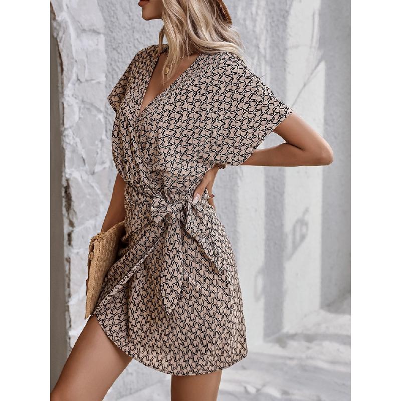 Women's Fashion Spring/Summer 2026 New Printed Short-Sleeve Dress Beach High-Waisted Batwing Sleeve Wrap Dress