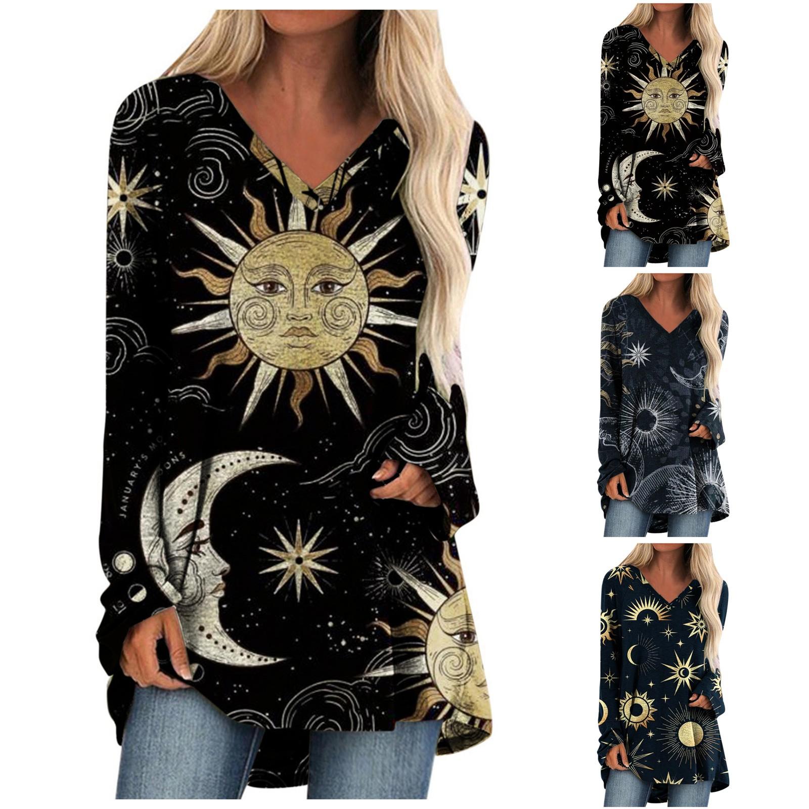 

Women s Casual Fashion Loose V-Neck Retro Printed Long-sleeved T-shirt Top
