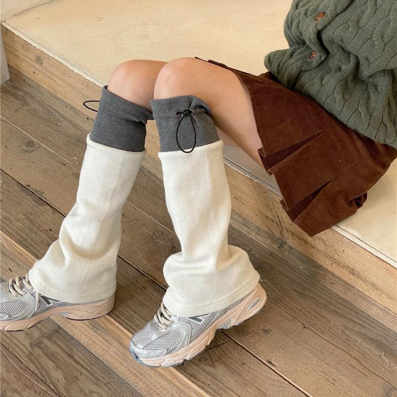 Women's Niche Khaki Color-blocking Wide-leg Leg Warmers Autumn Winter Coffee Brown Cotton Leg Warmers Y2K Spice Girl Slouchy Sock Boots