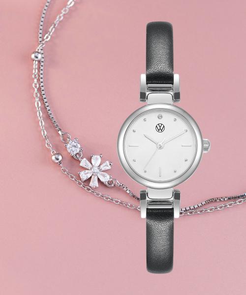 

[Volkswagen Watch] Volkswagen Watch Premium Stone H-Lug Watch & Cherry Blossom Bracelet Set with Free Engraving Silver One Size