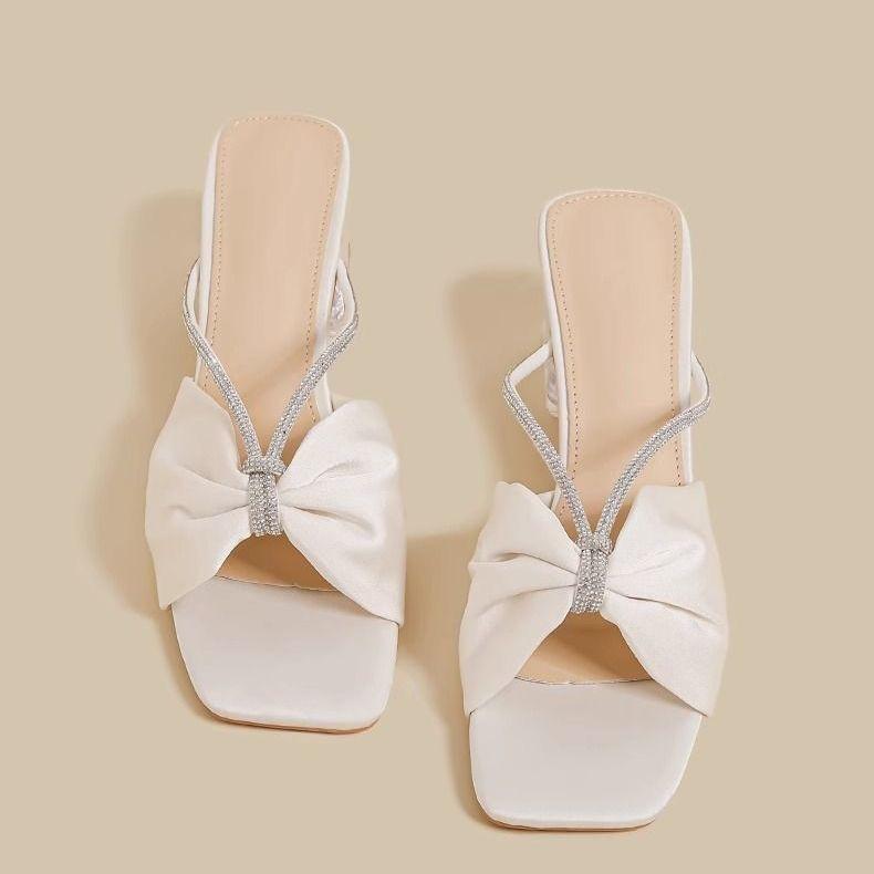 Bow high heels French high-end feeling with skirt cool slippers 2025 summer and autumn new fashion beautiful crystal heel