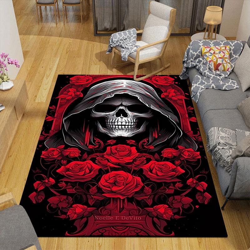 1pc Roses and skulls Design Indoor Area Rug - Soft, Anti-Slip, and Durable Gaming Room Decor for Bedroom