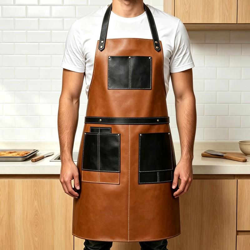 Leather Barber Apron With Adjustable Neck Strap Multiple Pockets Waterproof Oil Resistant Unisex Work Kitchen BBQ Salon