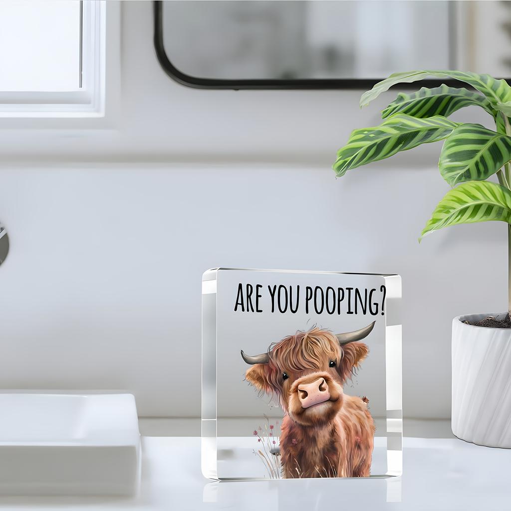 1pc Funny Highland Cow Bathroom Decor - 'Are You Pooping?' Bathroom Sign with Cute Scottish Cow, Acrylic Bathroom Decoration- Acrylic Desktop Ornament