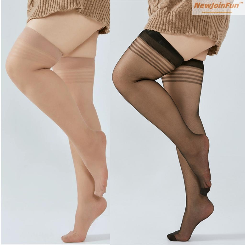 Women Sheer Sexy Elastic Hosiery Plus Size Striped Lace Thigh High Stockings Over Knee Stay Up Slim Fit Long Socks Big Size XXXL