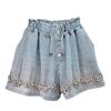 Damen Shorts Jeans Weiter Bein Kurze Hosen Elastischer Bund Knopf Diamanten Vintage Gewaschen Used Sommer Streetwear Denims