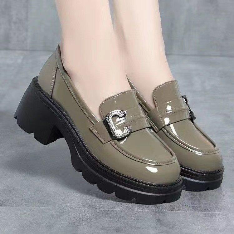 

Platform loafers women s 2025 autumn new women s shoes thick heel bright leather small leather shoes soft leather soft sole British style single shoes 40 хаки
