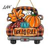 Orange Maple Leaf Ornament Hello Fall Wooden Hanging Sign, Retro Plaid Pickup Truck Ornaments, Wall Pendant Autumn Door Sign with Pumpkin And