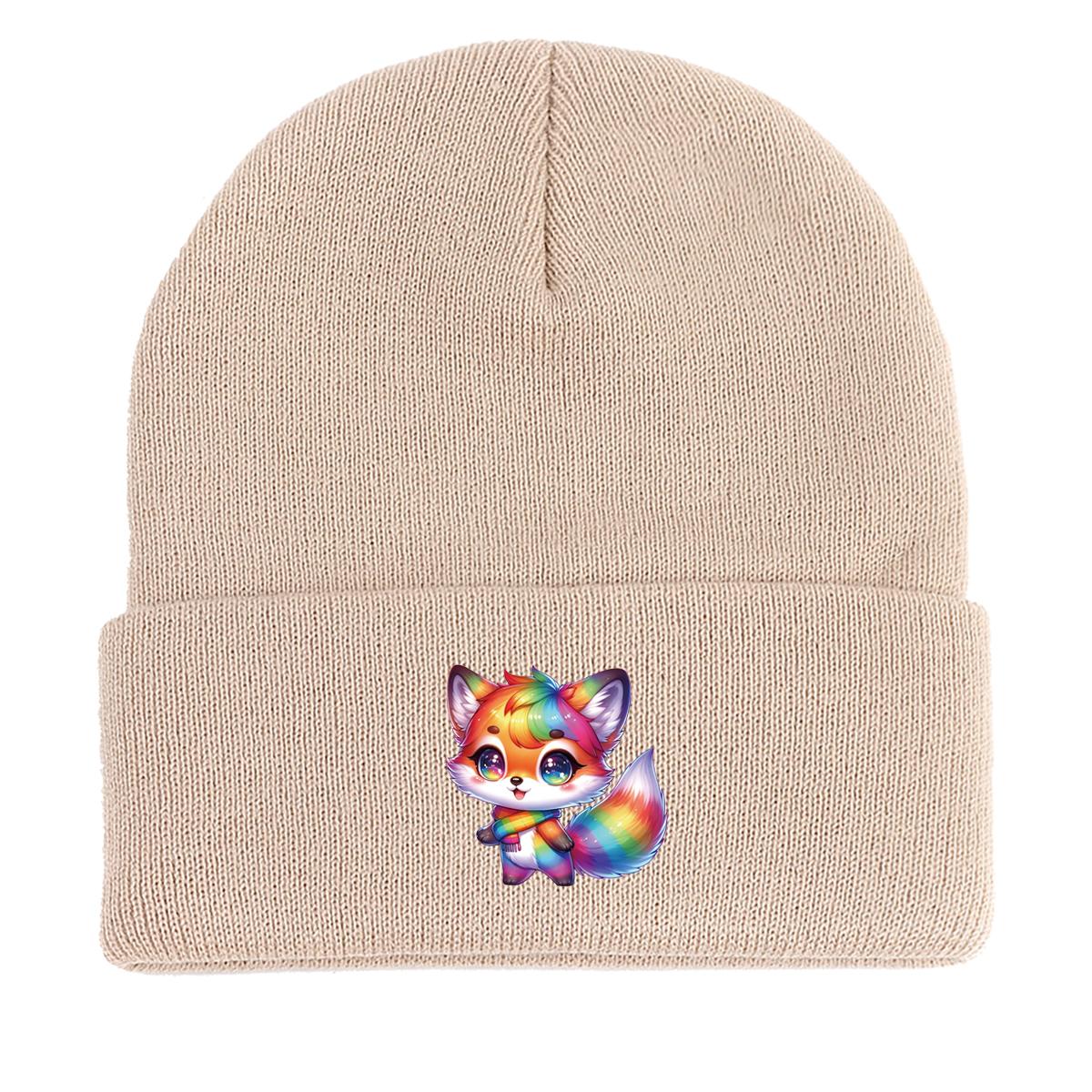 

Милая теплая вязаная шапка с лисой, шапка с изображением красочного животного, мультяшного человека, эластичная, уютная, головной убор, вязаная шапка с помпоном as the picture бежевый