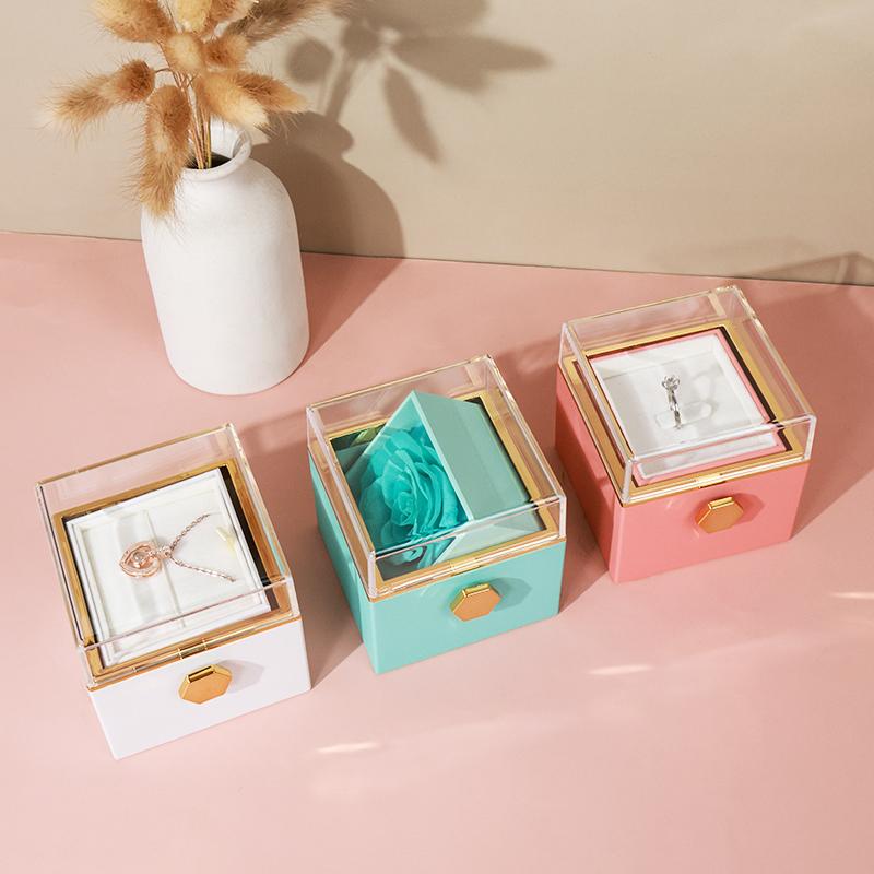 Manual Rotating Preserved Flower Jewelry Box with Necklace Ring Holder Luxury Acrylic Eternal Rose Box for Anniversary Gift