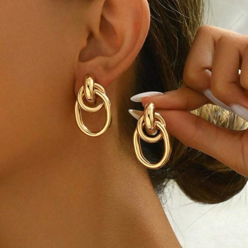 1pair Fashionable Gold Tone Metal Multi-Turn Knotted Design Stud Earrings for Women, Double Hoop Studs, Statement Dangling Earrings, Unique Earrings