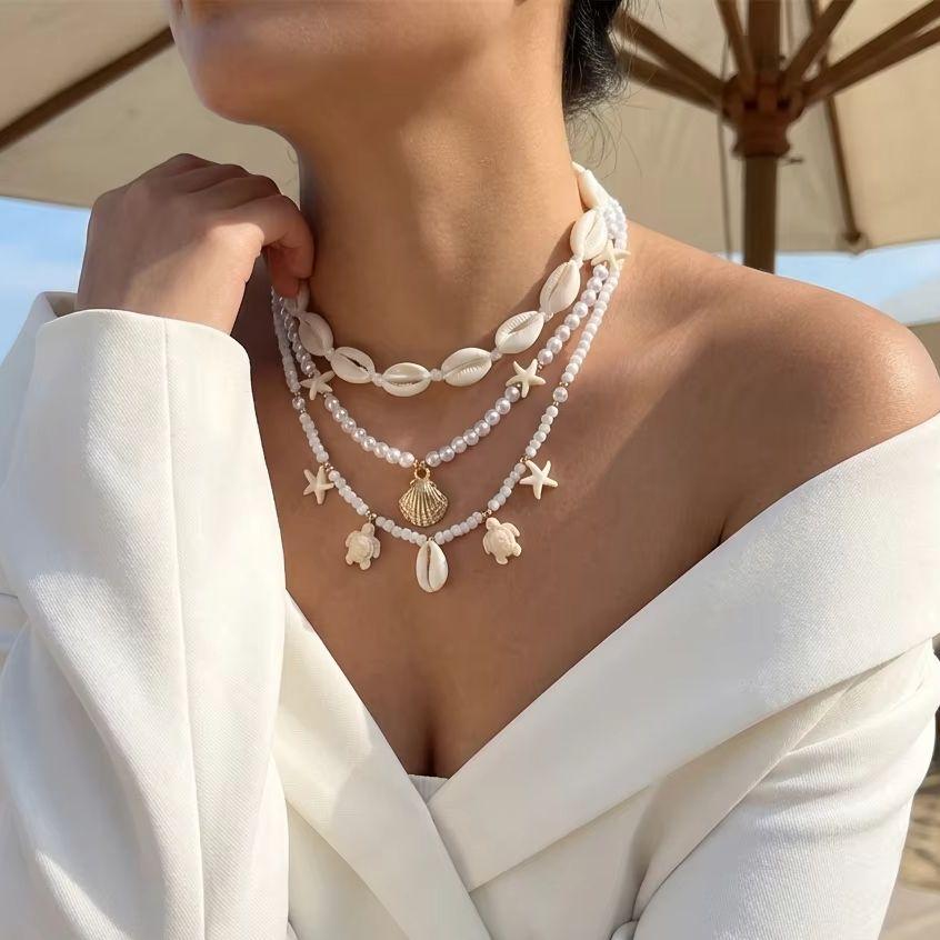 3Pcs/Set Boho Exquisite Imitation Pearl Shell Beaded Chain Necklace for Women Turtle Pendant Necklace Travel Vacation Jewelry