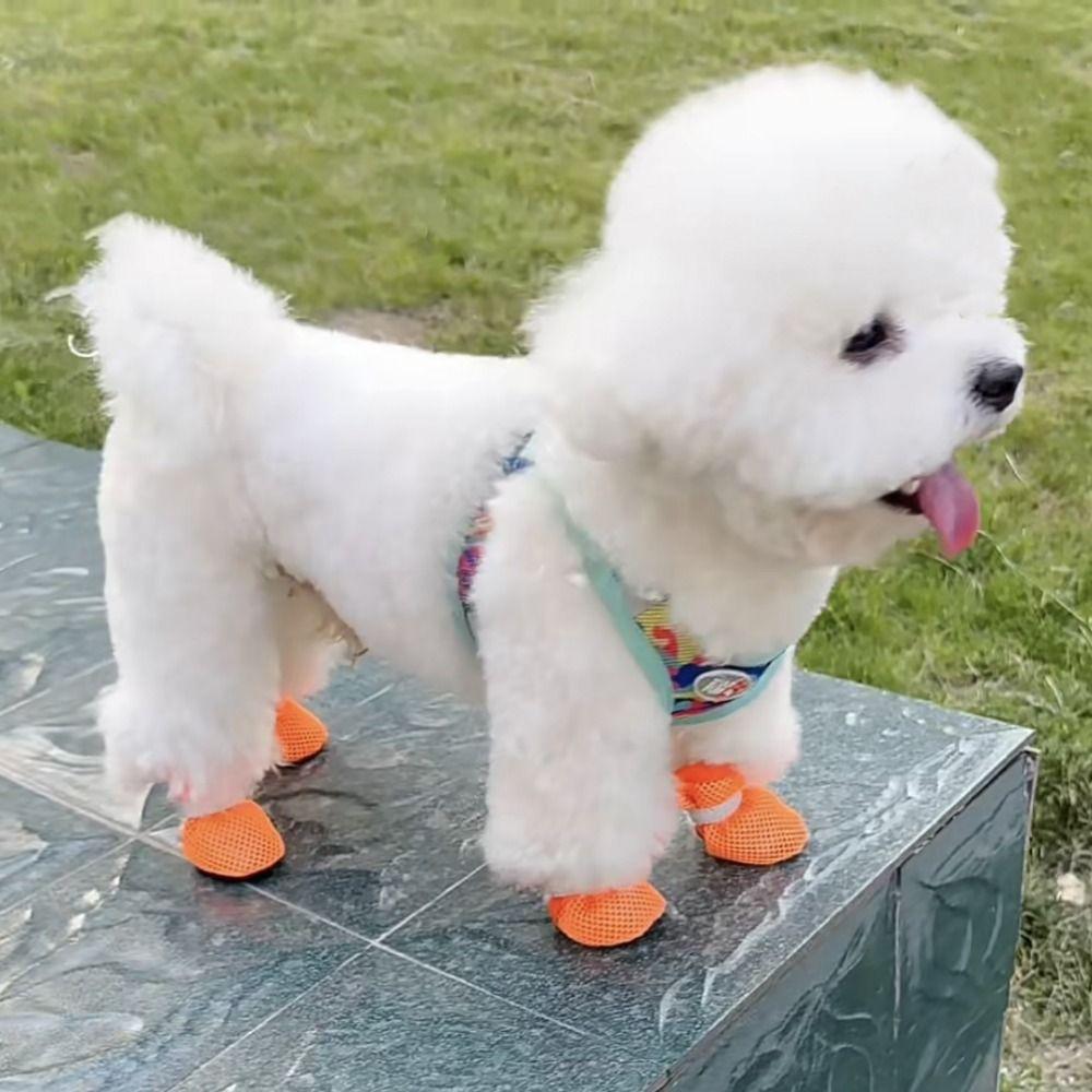 4pcs/set Reflective Dog Mesh Shoes Breathable Pet Short Boots Hollow Out Dog Shoes  Summer