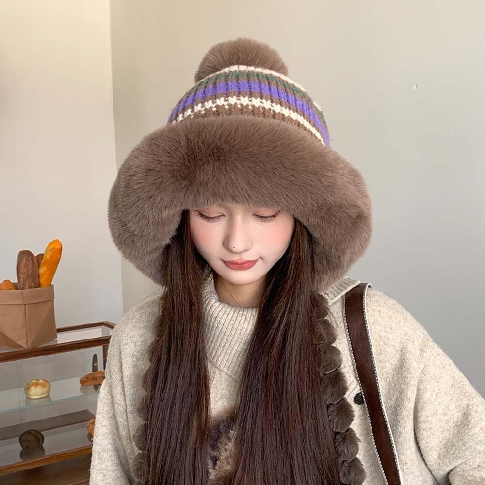Striped Knit Pompom Braids Hat Fleece Lined Earflap Winter Cap Fur Trim Trapper Commute