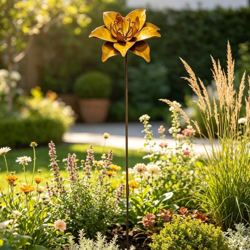 Garden Flower Stake with Iron Build for Yard Lawn Soil Placement, Metal Ground Insert Single Piece with Aged Finish, About 66.5 x 13 cm