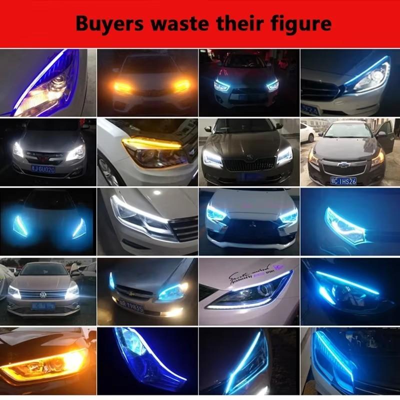 2Pcs 12v LED Car Daytime Running Light DRL Flexible Waterproof Strip Auto Headlights White Turn Signal Yellow Brake Flow Lights