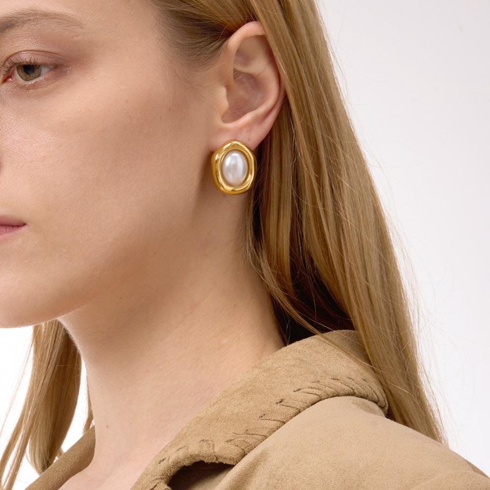 Nature Stone Tiger-eye Earrings Waterproof Stainless Steel Stud Earrings Gold Plated Oval Bead Pearl Earrings Gemstone Jewelry