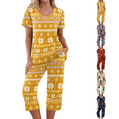 Women's Casual Christmas Print Two Piece Outfit with Short Sleeve Top and Pants